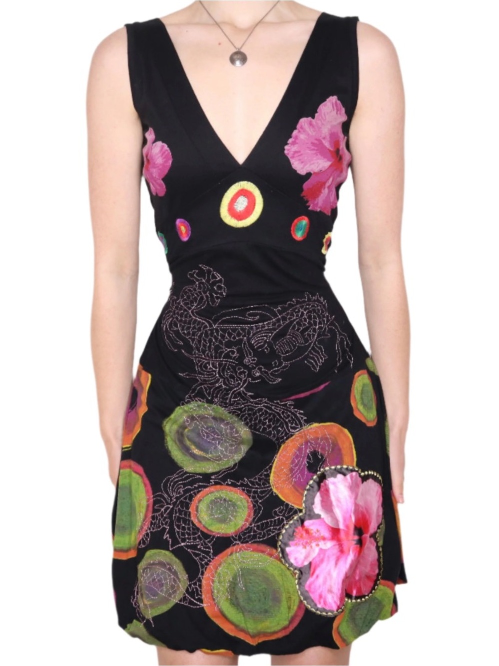 Desigual Y2K Black Floral V-Neck Dragon Bubble Sleeveless Dress - Size Large